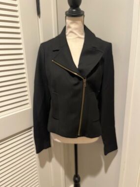 LOFT Black Asymmetrical Zip Leather-Style Jacket with Gold Hardware